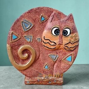 Unique Whimsical Cat Figurine with Geometric Patterns 7"